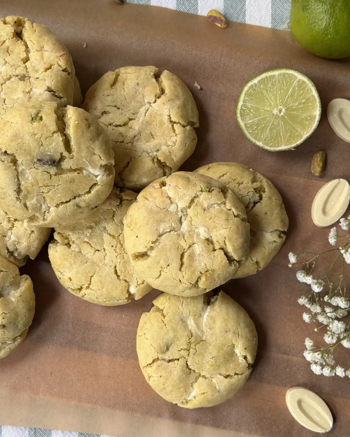 romisbakes receta Cookies de pistacho, chocolate blanco y lima
