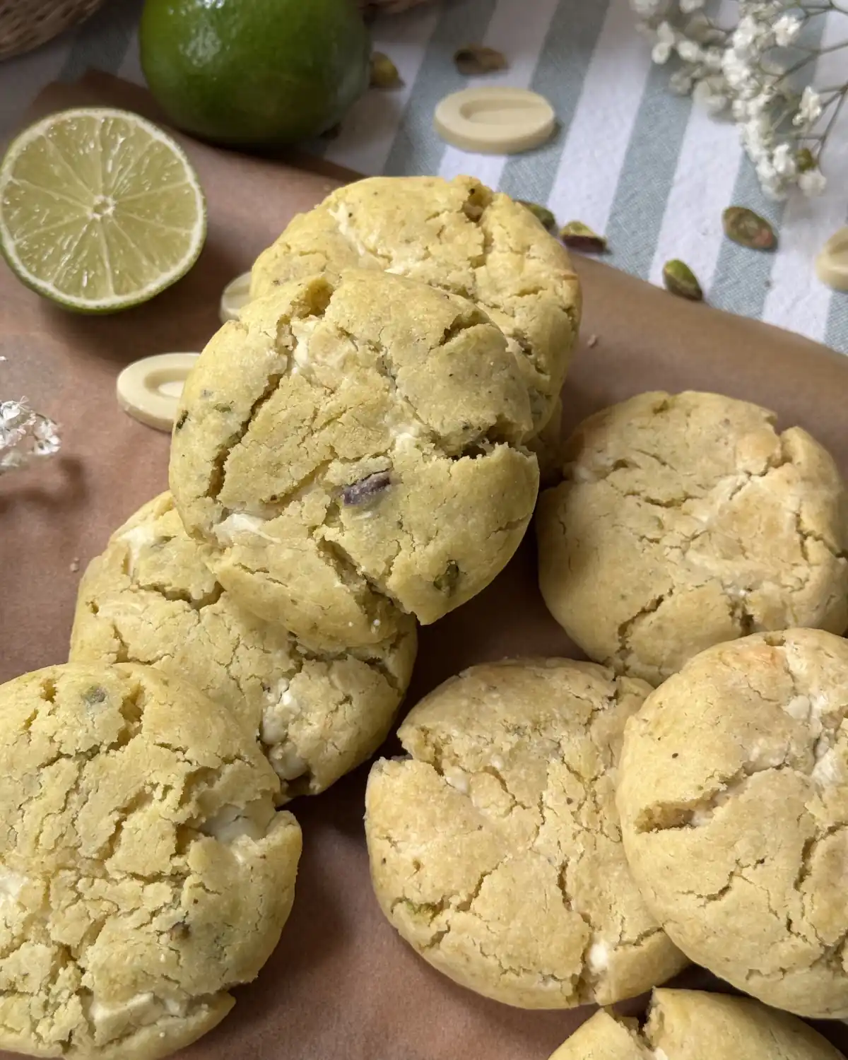 romisbakes receta Cookies de pistacho, chocolate blanco y lima