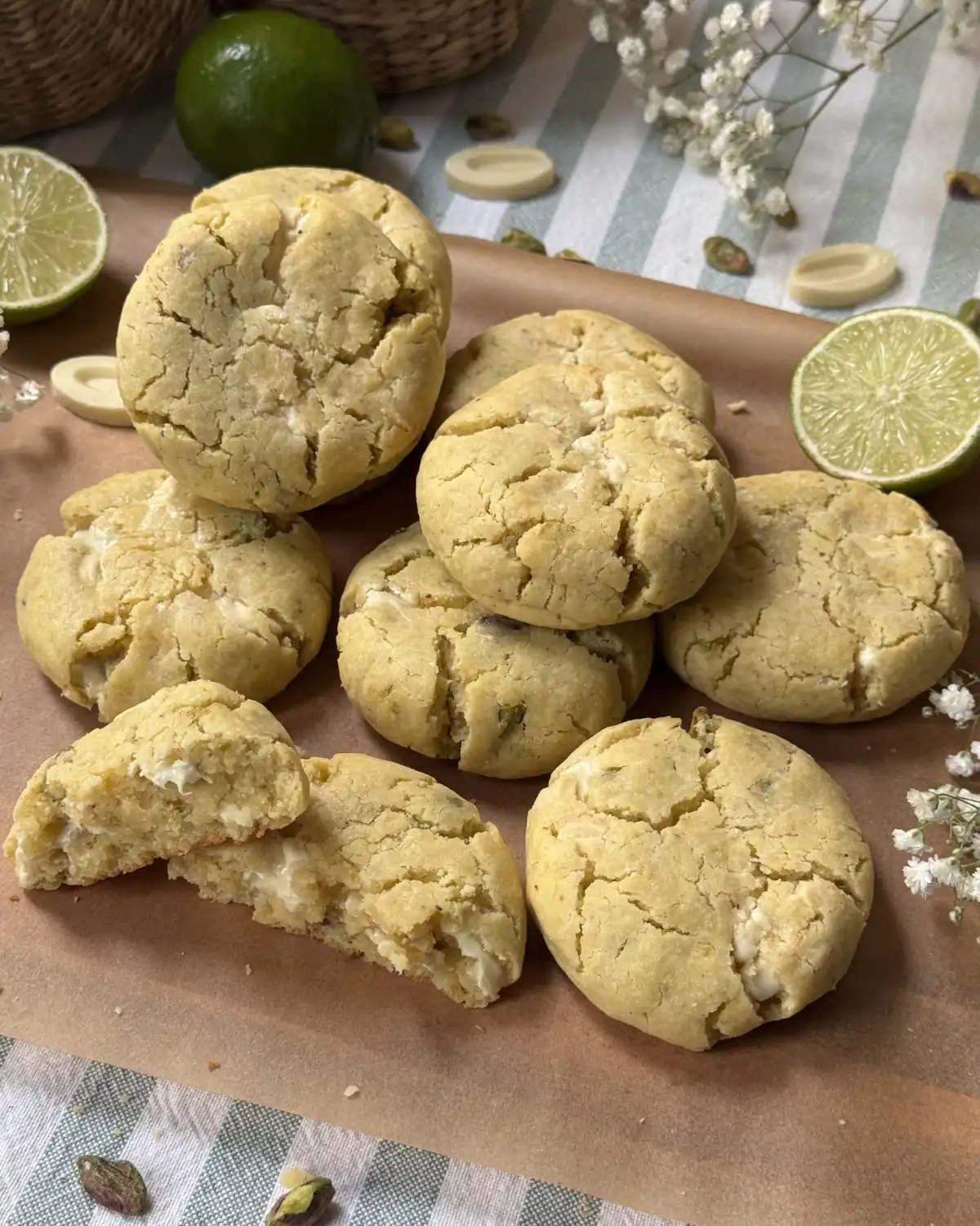 romisbakes receta Cookies de pistacho, chocolate blanco y lima