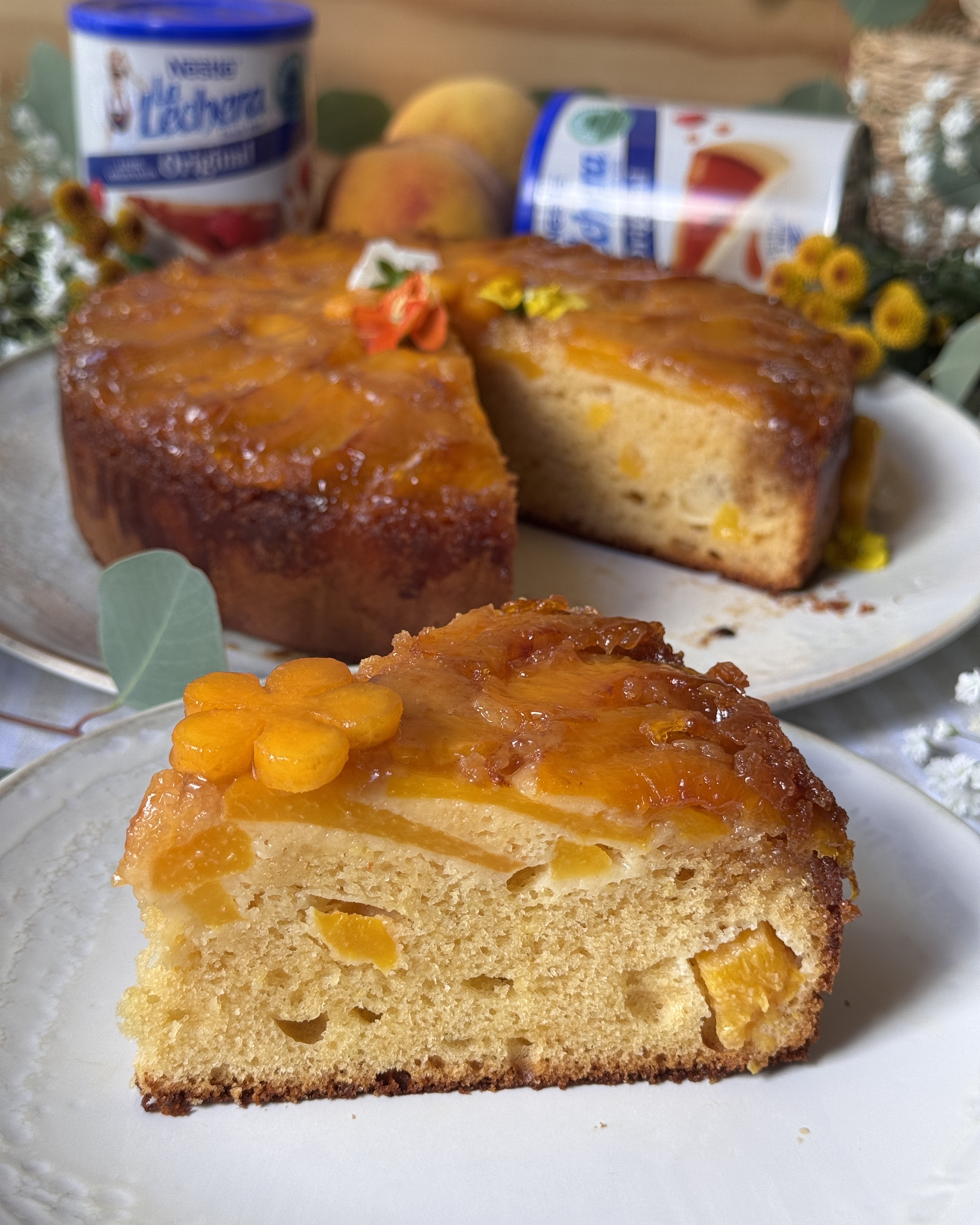 romisbakes receta Bizcocho invertido de melocotón con leche condensada