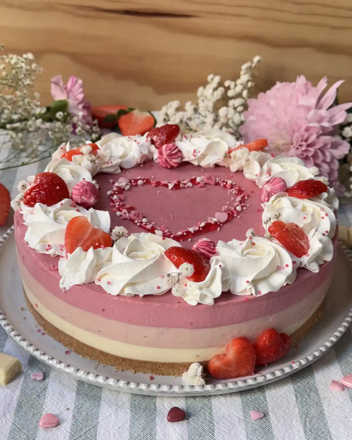 romisbakes recipe White chocolate cake with vanilla, strawberry and raspberry
